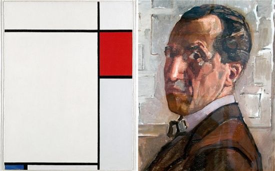 《红、蓝、灰构图》（左）与彼埃•蒙德里安（Piet Mondrian）（右）
