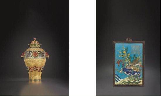 左：清乾隆鎏金銅鏨花鑲彩料福壽如意蓋瓶；右：清乾隆癸巳年掐丝珐琅御制诗挂屏