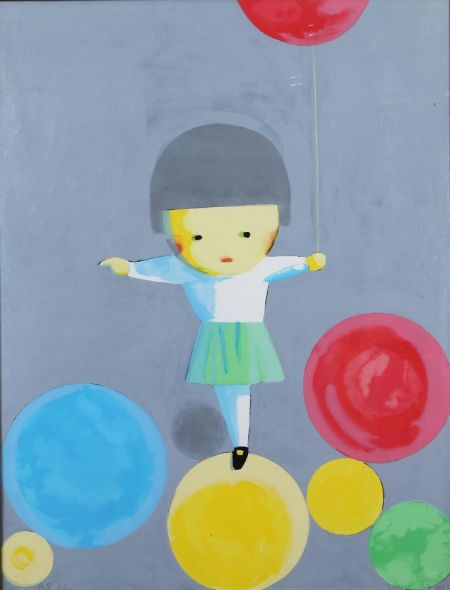 　　刘野的丝网版画《气球》(藏品编号：145219001)温和与华丽兼具的用色，简洁的人物造型，烘托出作品宁静忧郁且深厚之感。