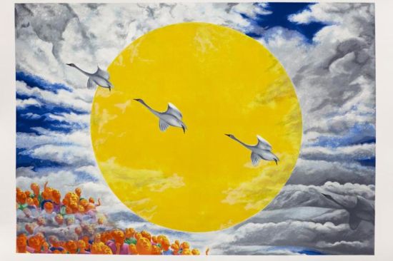 方力钧的《2006.5.1》(藏品编号：144888001)跳脱出他一贯 的“光头泼皮”的语符，以辽阔天空的空旷场景和展翅的鸟雁表达了一种从内心压力中自我解脱的爽朗感。