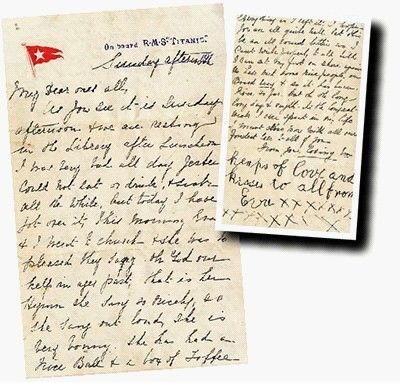 泰坦尼克号邮轮女生还者哈特与女儿伊娃在邮轮沉没前数小时写给在伦敦婆婆的家书。
