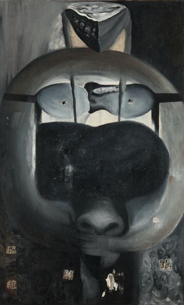 2014西泠春拍 谷文达 作为躯干的肖像之一 　布面 油画 1985年作 　钤印：酒神(白) 秦月汉关(白) 超然(白)静观(朱) 142×86cm