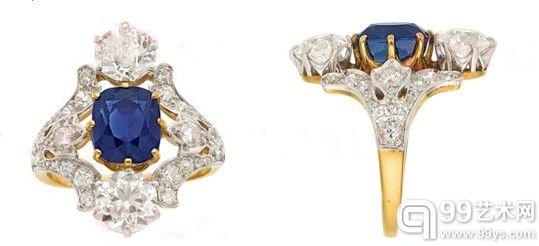 蒂芙尼克什米尔蓝宝石钻石金戒指，拍前估价高达175000美元(约合人民币108.8万元)。