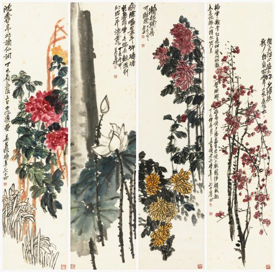 14春1652 吴昌硕(1844-1927) 花香四时 纸本立轴 1917年作 133×33cm×4 备注：王震题盒。