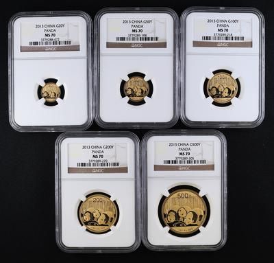 2013年熊猫普制金币五枚
