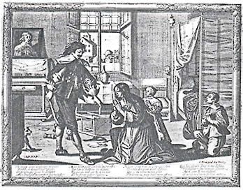 一幅1640年的法国版画，图中丈夫正在笞打妻子，妻子和孩子都跪在地上哀求。