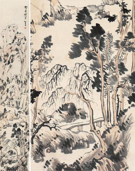 溥儒 仿渐江山水 立轴 设色纸本 1933年作 149×26cm 　　著录：《溥心畬书画集(卷上)》第12页，故宫博物院紫禁城出版社，1997年第一版。
