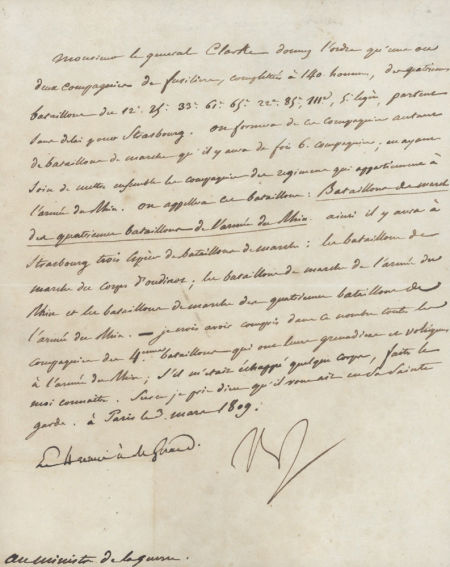 图：一八○九年三月九日拿破仑致法国战争总长亨利克拉克亲笔信