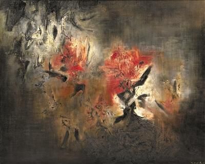 《抽象》是赵无极代表性的“甲骨文时期”的经典作品，他从抽象的中国甲骨文取得灵感，运用红、黑两色作主调，创造了一幅强而有力的构图。主办方供图