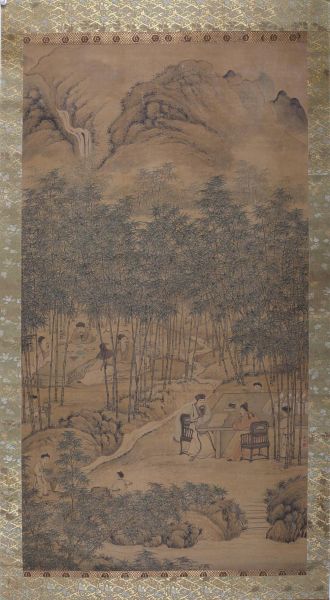 华嵒《竹溪六逸图》，立轴 设色绢本，183×100cm，约16.5平尺