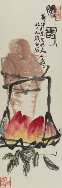 齐白石 (1864-1957) 双寿 纸本立轴 1949年作 103×34cm 备注：董萼清夫妇上款。董萼清，著名收藏家。董希文先生之父。