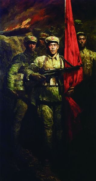 陈逸飞 《红旗之一》（局部） 布面油画 300×159厘米 1971-1972年