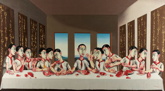 图为：曾梵志(1964年生)《最后的晚餐》，2001年作，油彩画布，220厘米 x 400厘米 