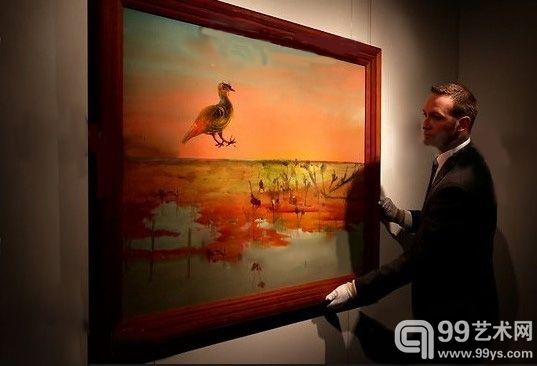 图为澳大利亚画家西德尼·诺兰(SidneyNolan)的大型画作《沙漠之鸟》(DesertBird)。