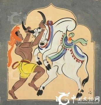 难陀婆薮（NandalalBose，1882-1966）1937创作的纸上蛋彩画《斗牛士》，估计可拍30000-50000美元。