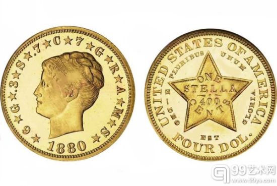 1880年制造的4美元斯特拉盘发浮雕金币，现在估计可拍得100—150万美元（约合人民币612—918万元）
