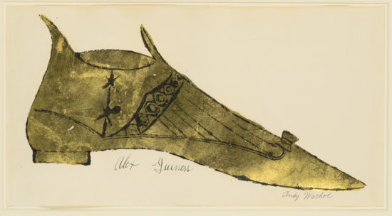 《鞋子（亚历•简尼斯）》，款识：艺术家签名并题款，1956 –1957年作  墨、金箔纸本，10 x 19英寸