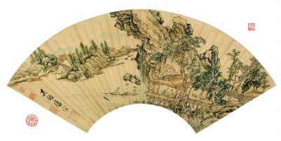 唐寅 江亭谈古图 扇面 设色金笺 19.7×56.5厘米 （北京保利供图）