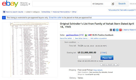 辛德勒名单文件目前正在eBay网站以300万美元起价拍卖。