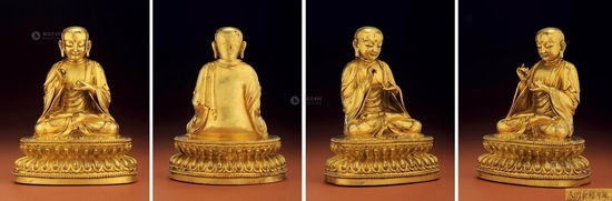 上图为西藏14世纪铜鎏金释迦牟尼像， 下图为明永乐鎏金地藏王菩萨像。