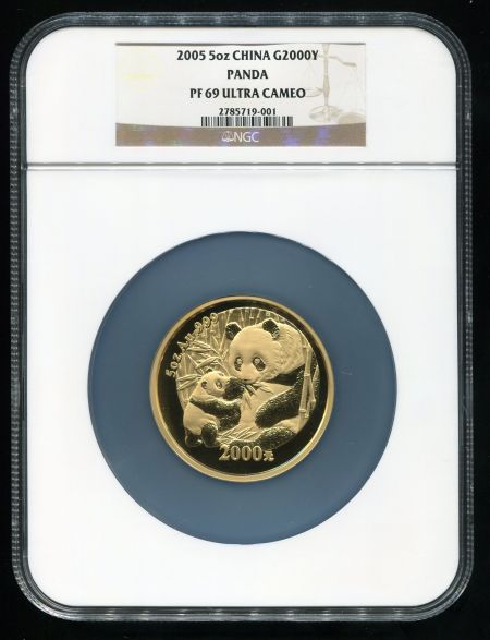 2005年熊猫5盎司精制金币一枚(发行量：1000枚、原盒、NGC PF69)