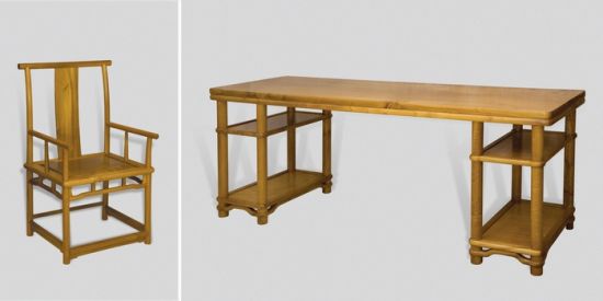 现代 金丝楠木架几大画案配素面四出头椅（1套） 89.6万元 2012年云南典藏春拍