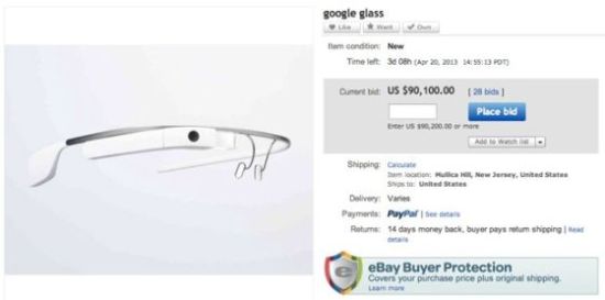 有人在eBay上面拍卖谷歌眼镜，竞价已经突破9万美元