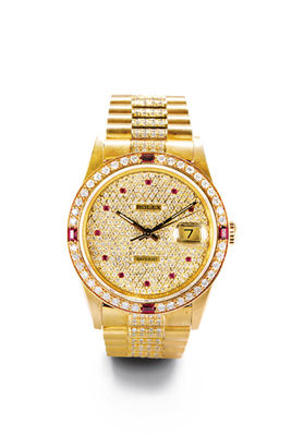 LOT4767 劳力士DATE JUST系列 18K黄金镶钻石及红宝石 自动上弦腕表 日期显示 估价：RMB 65,000-85,000 