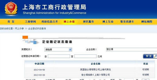 上海工商局上的注册信息