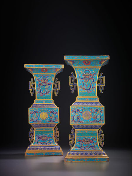 A Pair of Cloisonne Enamel 'Dragon' Vases, Fanggu