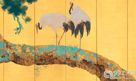 《松树与白鹤》（Pine Trees and Cranes）——横山大观的一件金色折纸屏风作品细节部分