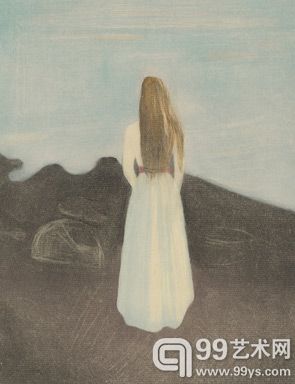 爱德华·蒙克的一幅罕见的重要彩色凹版蚀刻画，《海滩上的年轻女子》