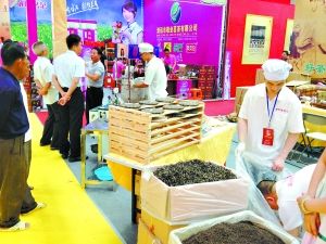 商家现场演示普洱茶压制过程。