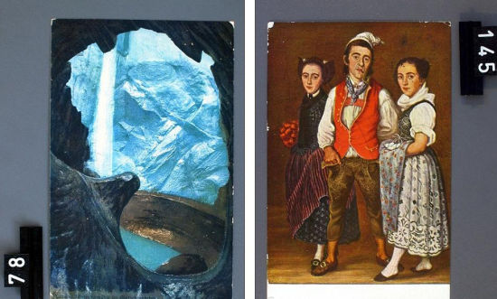 左图为瑞士冰川遗址洞穴，右图是2名穿裙装的女子与一名吸烟的男性。