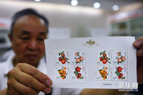 7月15日，杭州一名集邮爱好者在展示《水果（一）》特种邮票。