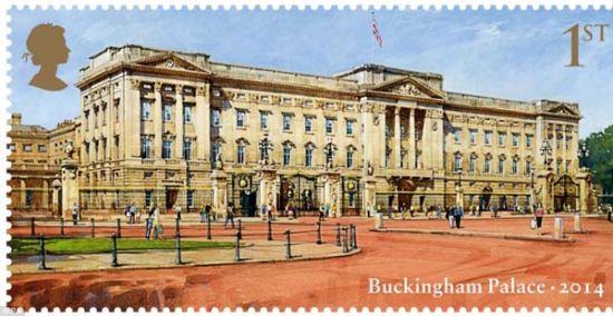 1862年时的白金汉宫，当时维多利亚女王在位。（图片</p>

<p>　　白金汉宫自1837年以来都是英国君主在伦敦的官邸。这款邮票每套10张，其中6张是白金汉宫的外景；还有4张是内景，分别展示了白金汉宫4个豪华的处所：王座室、蓝色客厅、大楼梯和绿色客厅。这4张内景图片还组成了一个小全张。每一张邮票上都印有女王的头像。</p>

<p>    （图片</p>

<img alt=